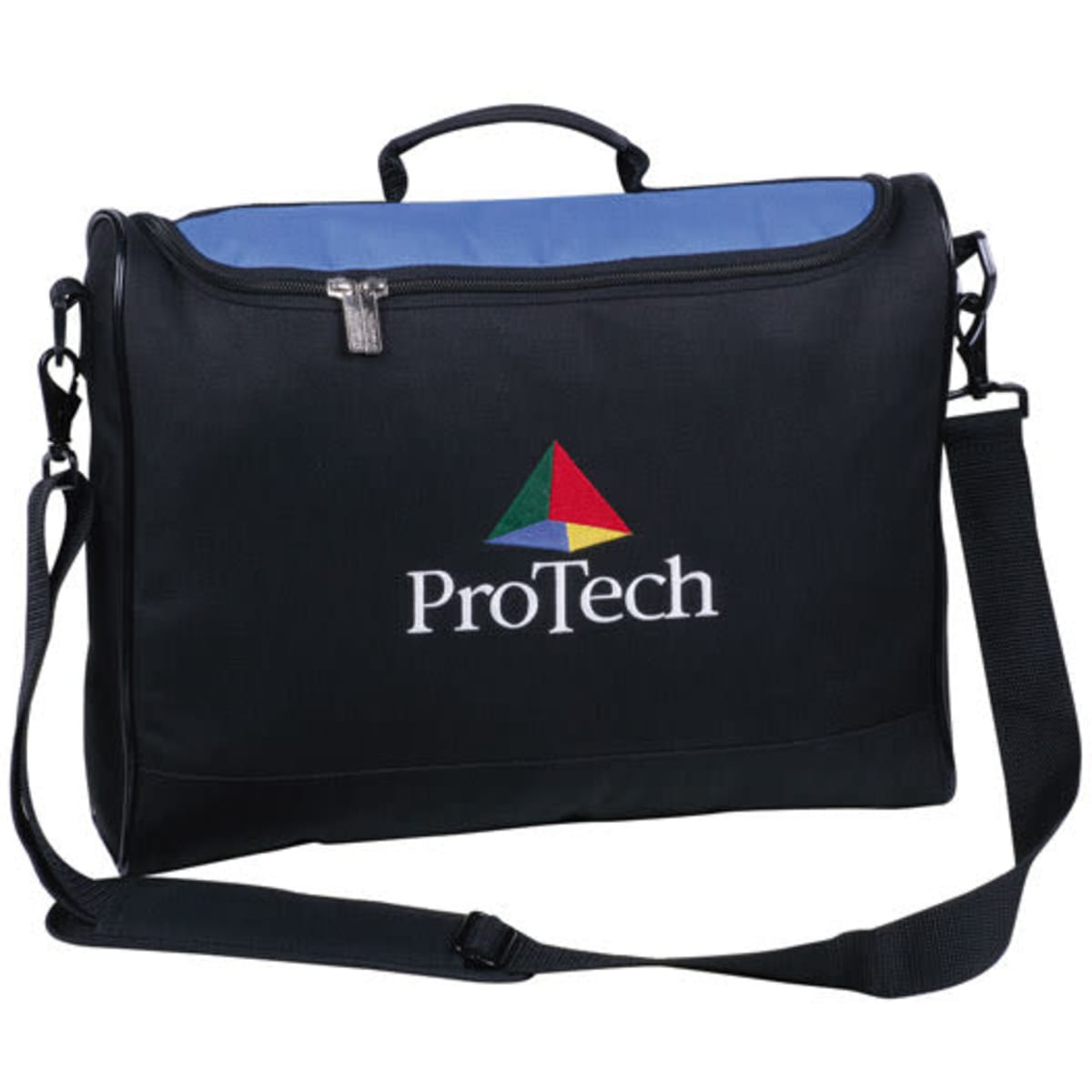 A black conference bag with a blue interior, featuring a logo on the front and a detachable shoulder strap.