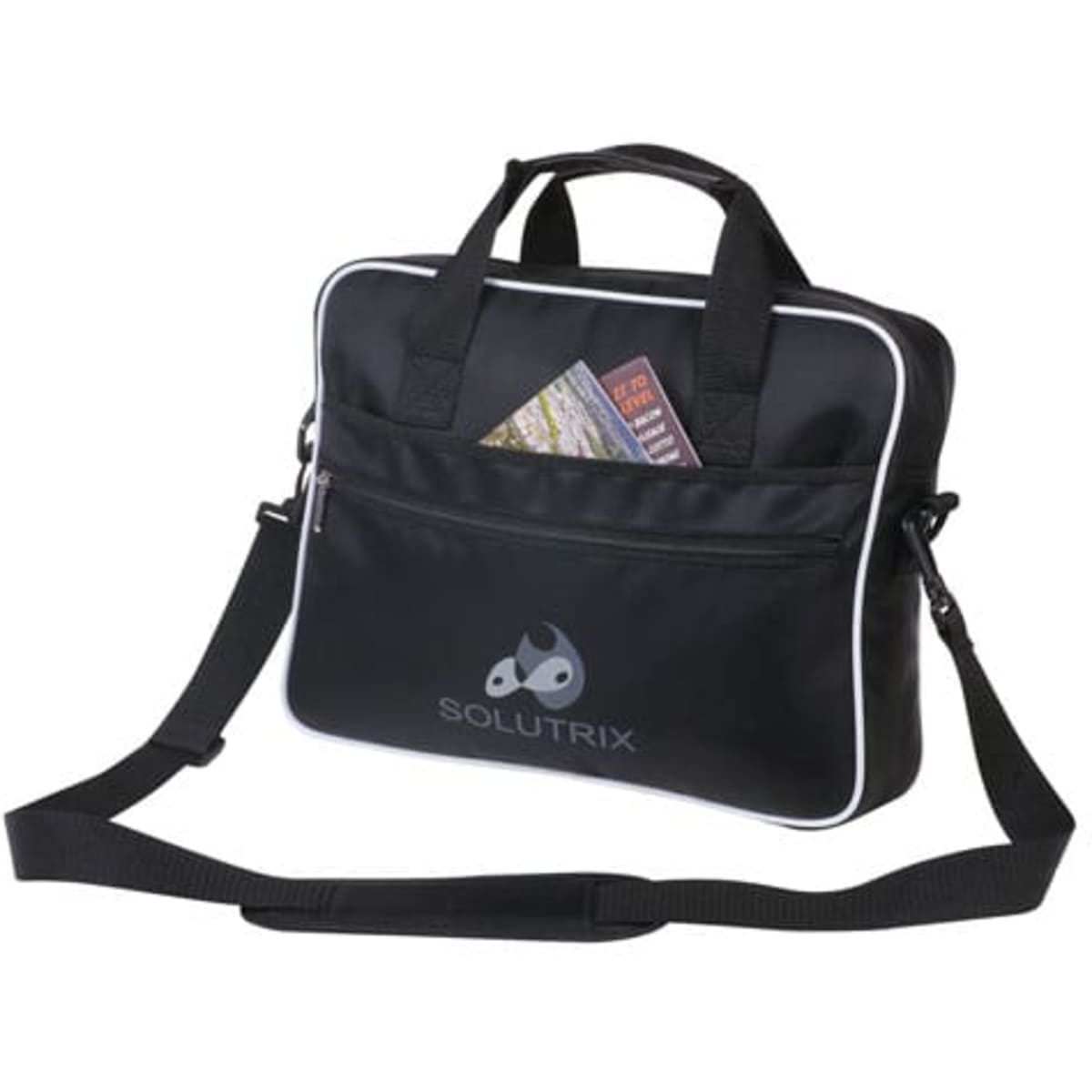 A black laptop bag with white accents, featuring a zippered front pocket and carrying handles. It has a branding logo.