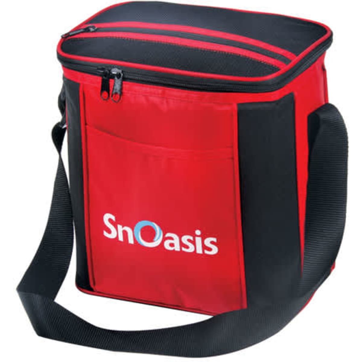 A red and black cooler bag with a zippered top and a shoulder strap, featuring a logo on the front.