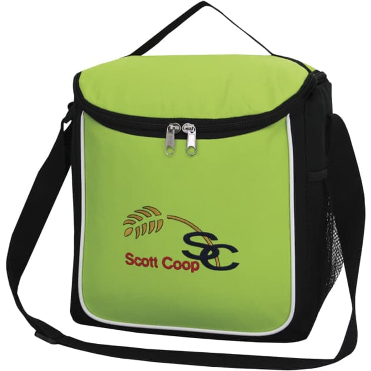 A green and black cooler bag with a logo and a zippered top, featuring a shoulder strap and mesh side pocket.