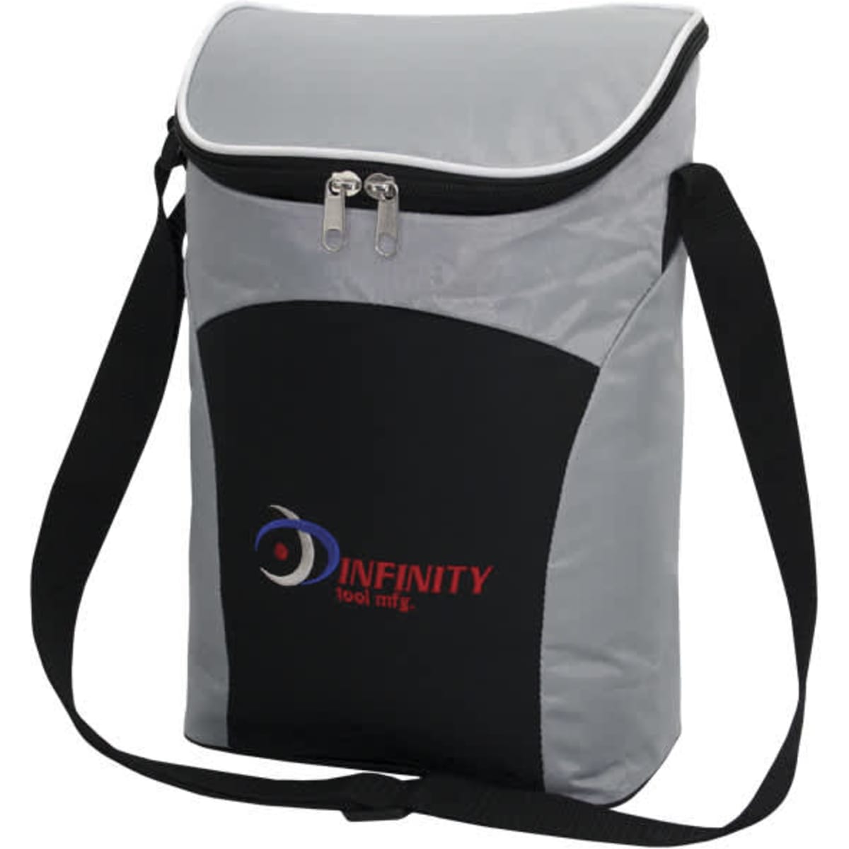 A grey and black cooler bag with a zip closure and a shoulder strap, featuring a logo on the front.