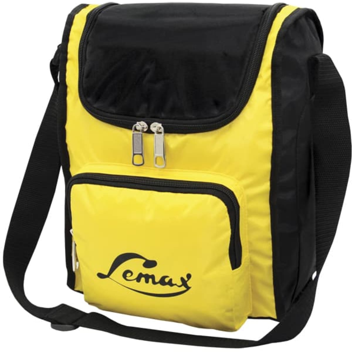 A yellow and black cooler bag with a zipper pocket and a shoulder strap features a logo.