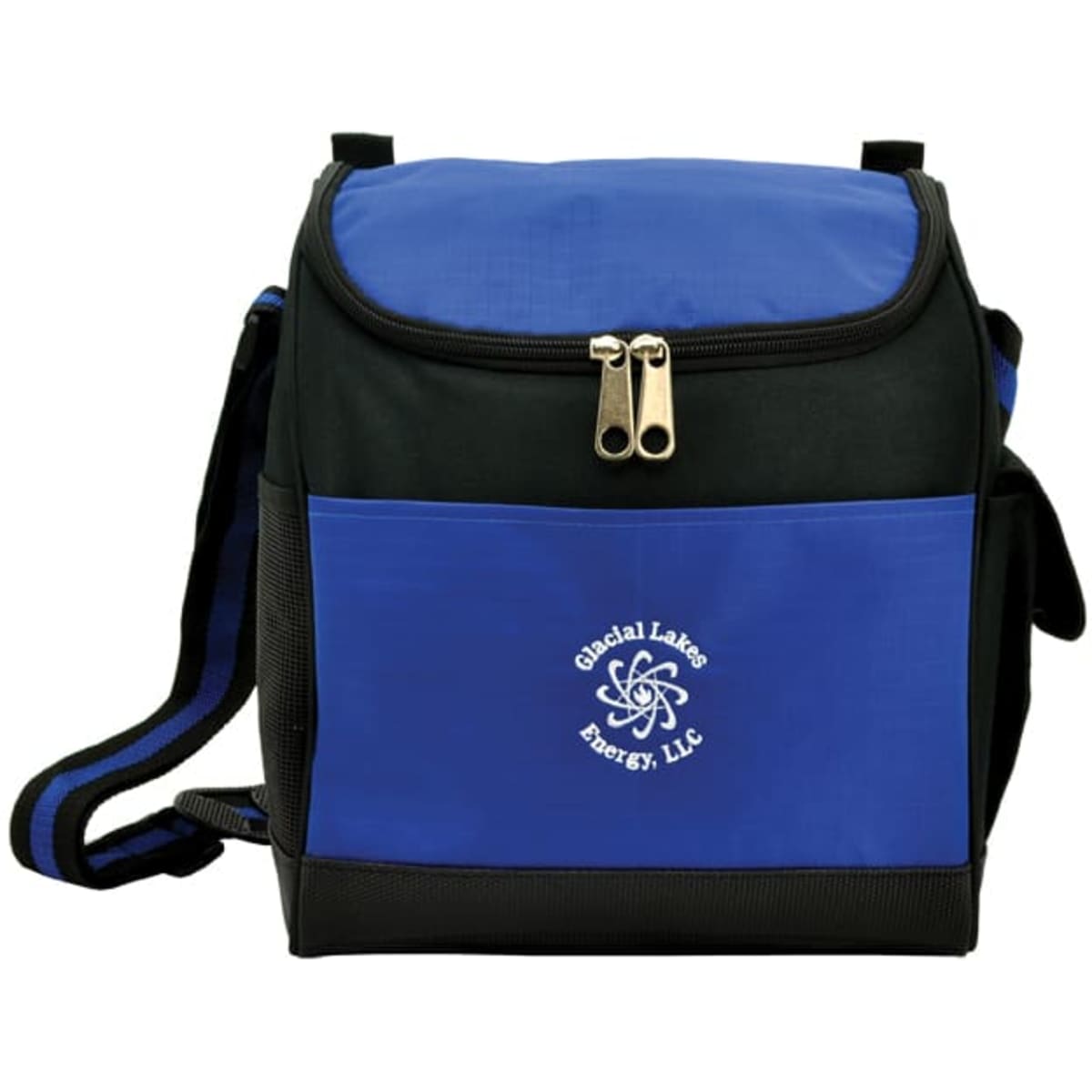 A blue and black cooler bag with a zippered top and an adjustable shoulder strap, featuring a logo on the front.