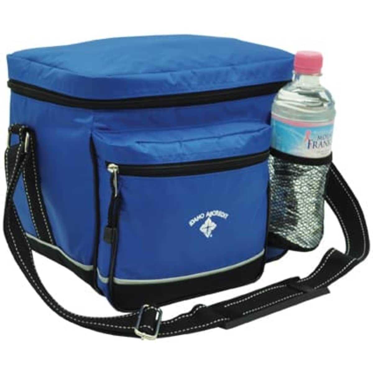 A blue cooler bag with a front pocket and a drink bottle in a mesh holder beside it. The bag has a logo.