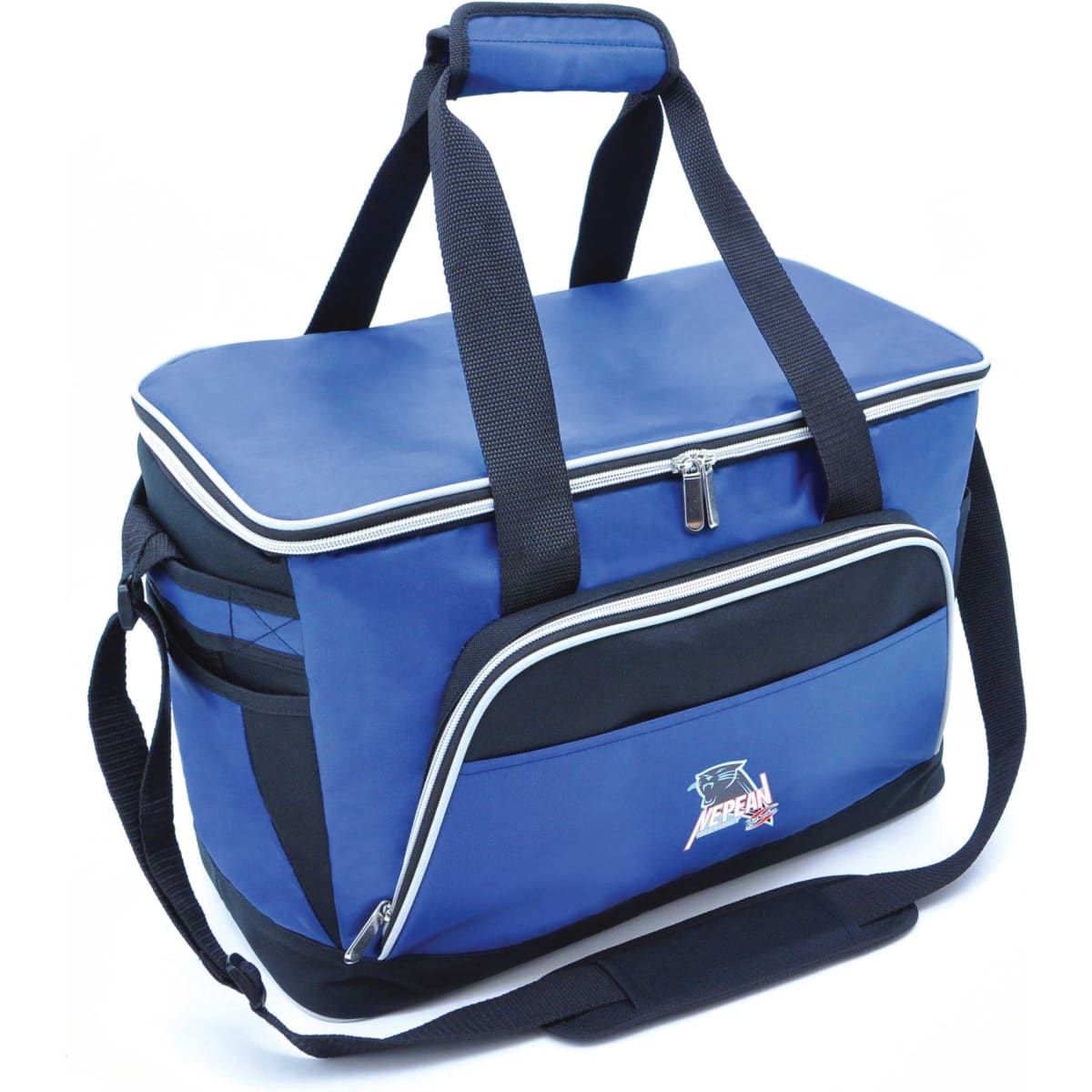 A blue cooler bag with black accents, featuring handles and a zippered top, includes a logo on the front.