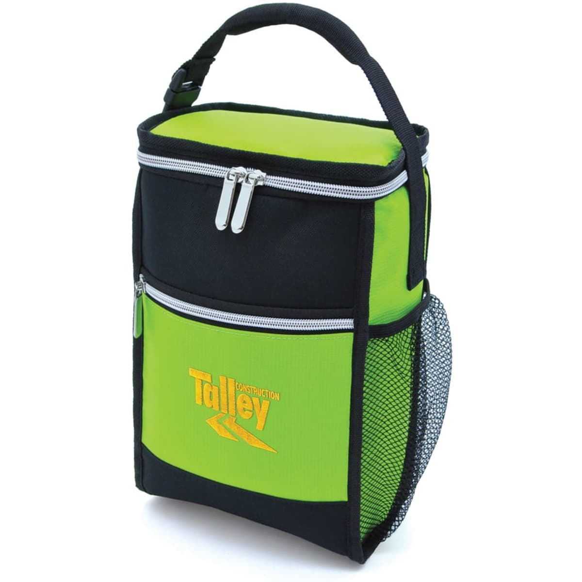 A green and black cooler bag with a zippered top, featuring a mesh side pocket and a logo on the front.