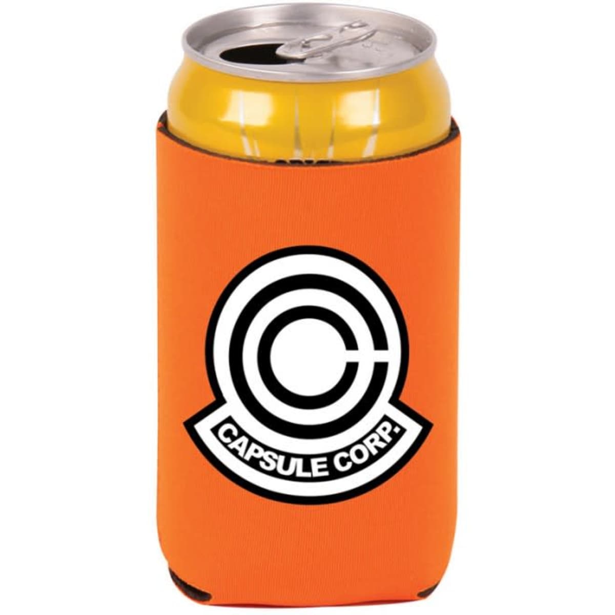 An orange collapsible cooler holds a can, featuring a logo on the front.
