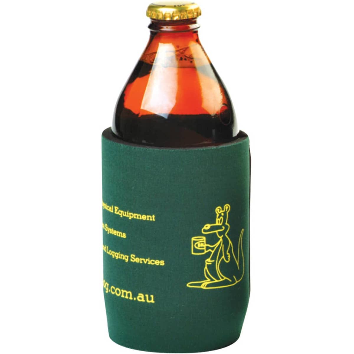 A drink bottle in a green stubby holder featuring a kangaroo logo. The holder provides insulation and branding.