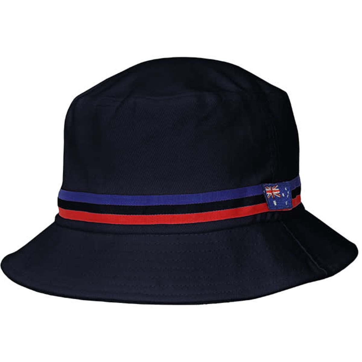 A navy bucket hat featuring a contrasting band with red and blue stripes, and a logo on one side.