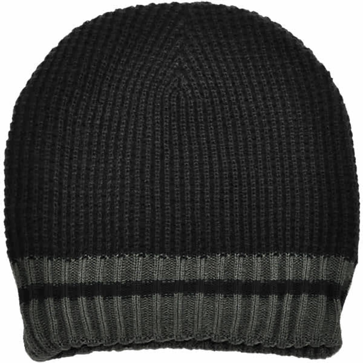 Acrylic knit beanie in black and grey, featuring a ribbed texture and a striped band at the bottom.