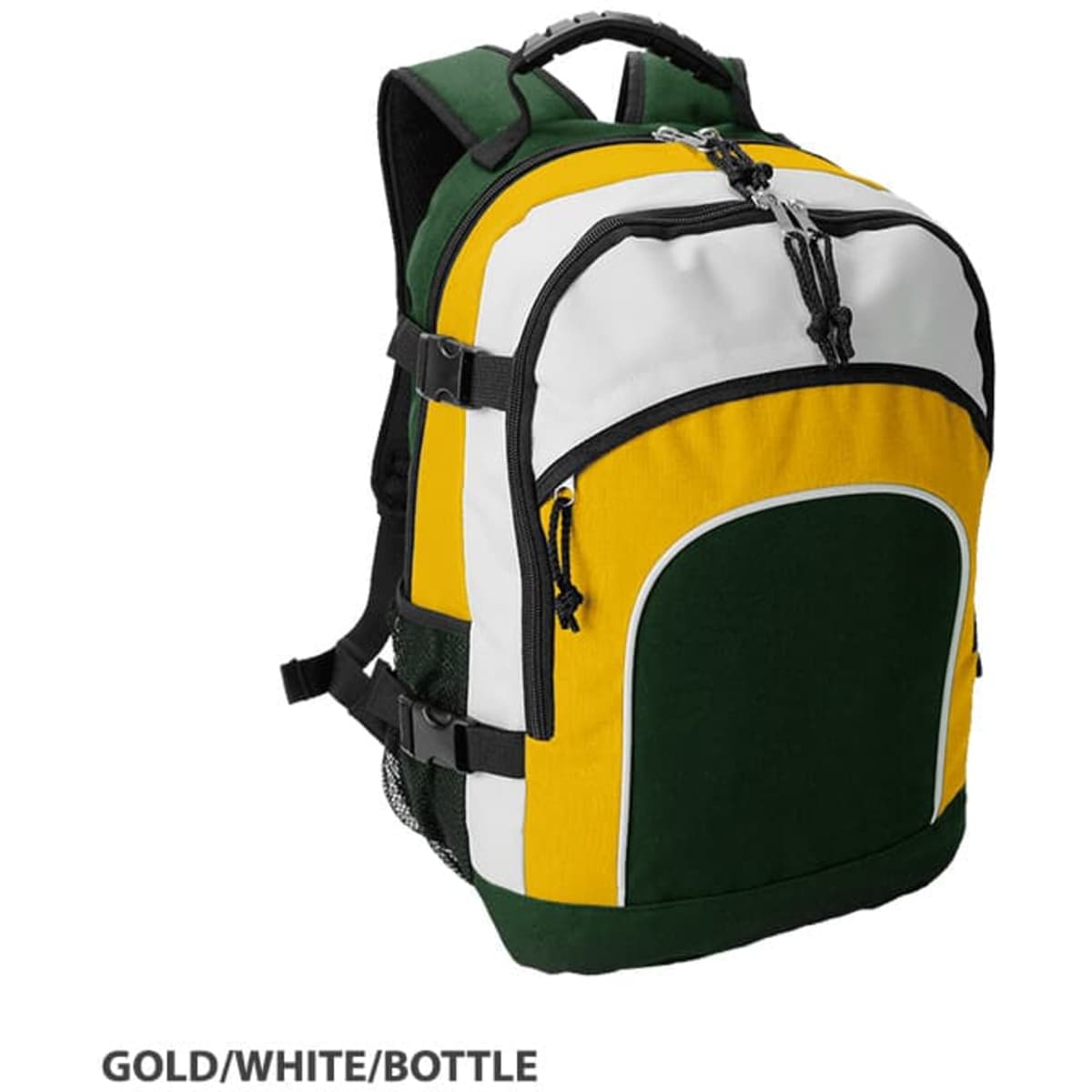 A green, gold, and white backpack with multiple compartments and a logo, featuring adjustable straps and a mesh pocket.