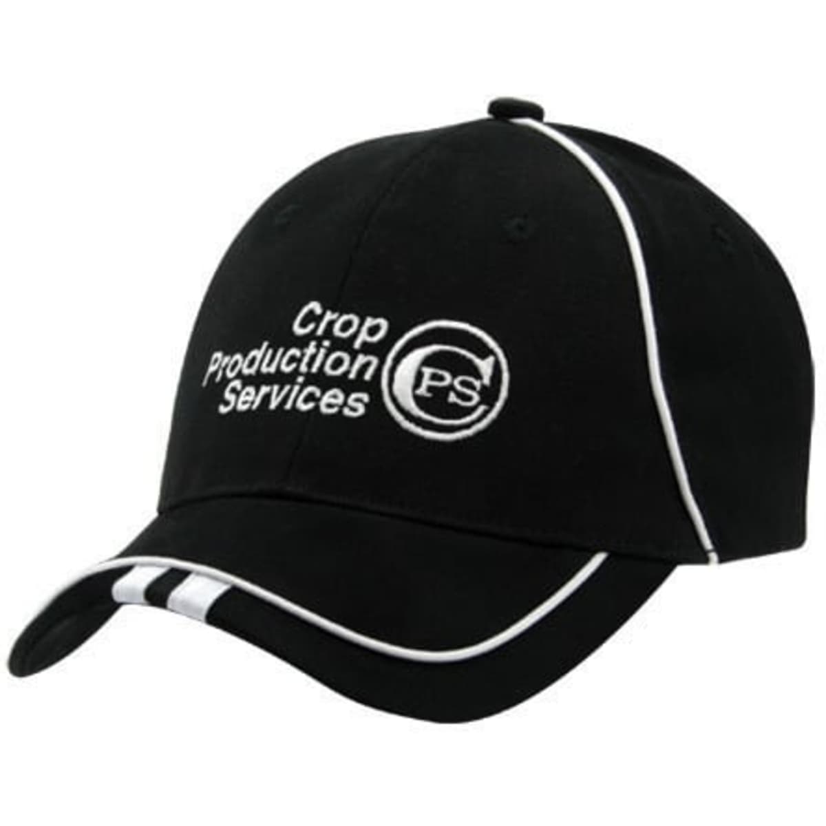A black cap with white piping and an embroidered logo. Suitable for promotional use.