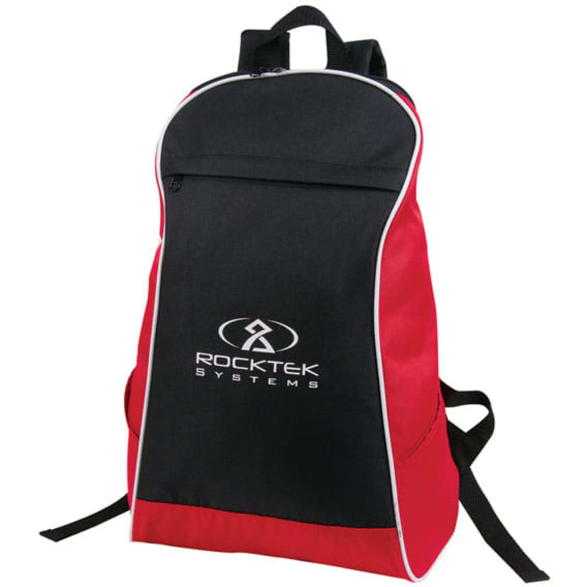 A black and red backpack with a logo on the front, featuring adjustable straps and a streamlined design.