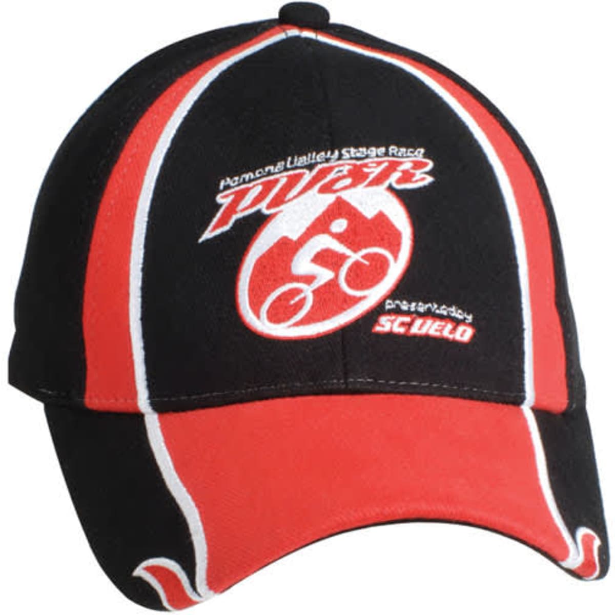A black and red cap featuring a logo, with a design for cycling events.