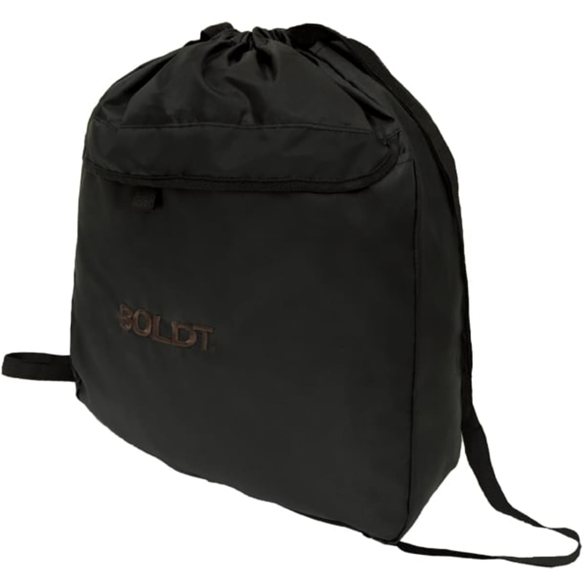 A black drawstring bag with a logo, featuring a simple design and adjustable straps.