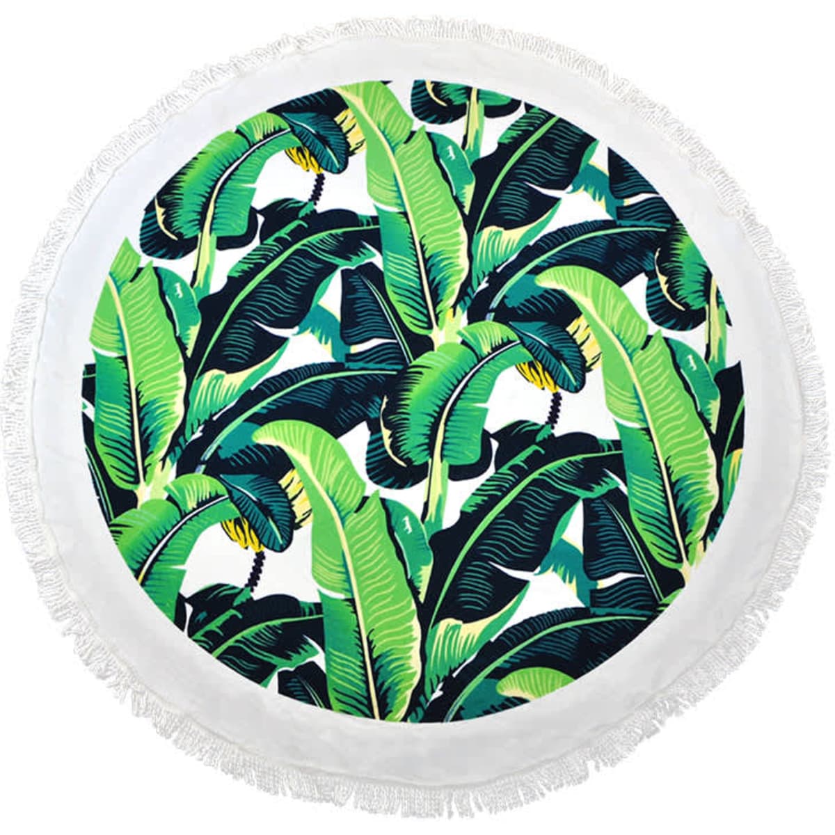 A round towel featuring a vibrant banana leaf pattern with fringed edges in shades of green and white.