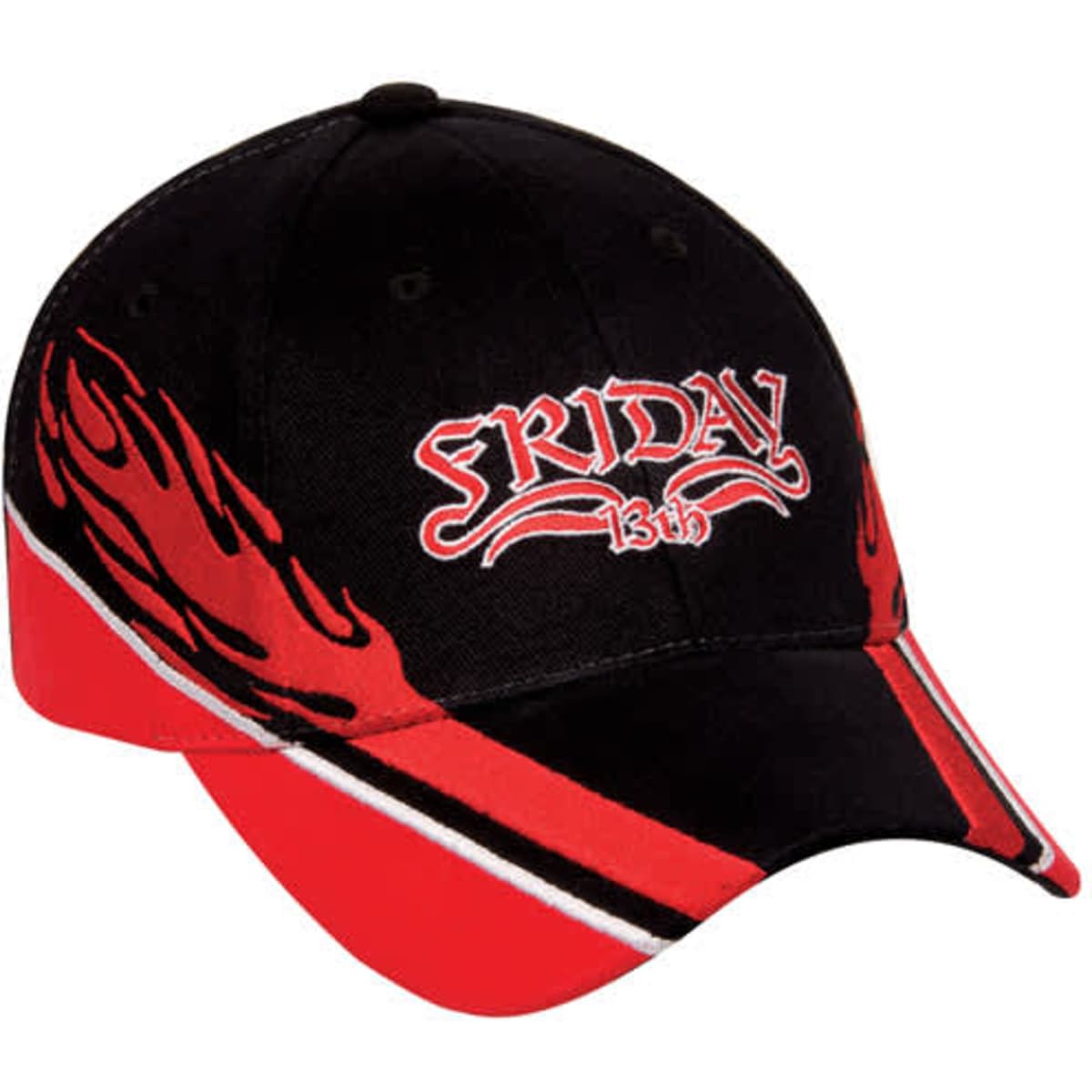 A black cap with red flames and a logo, featuring a curved visor and contrasting red details.