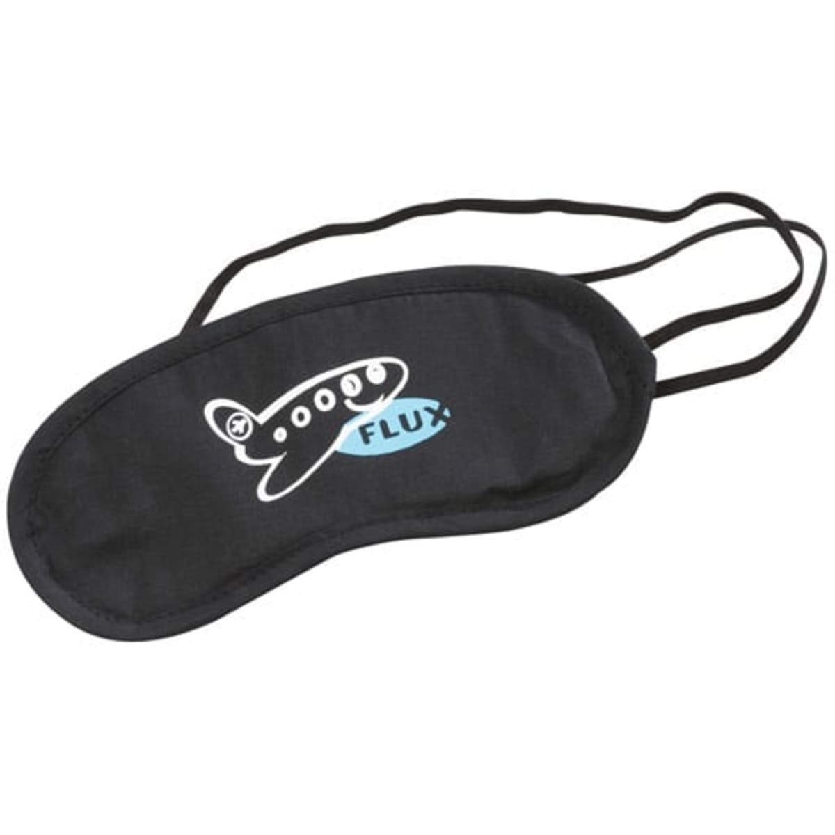 A black eye mask with a light blue airplane graphic and an elastic strap for a secure fit.