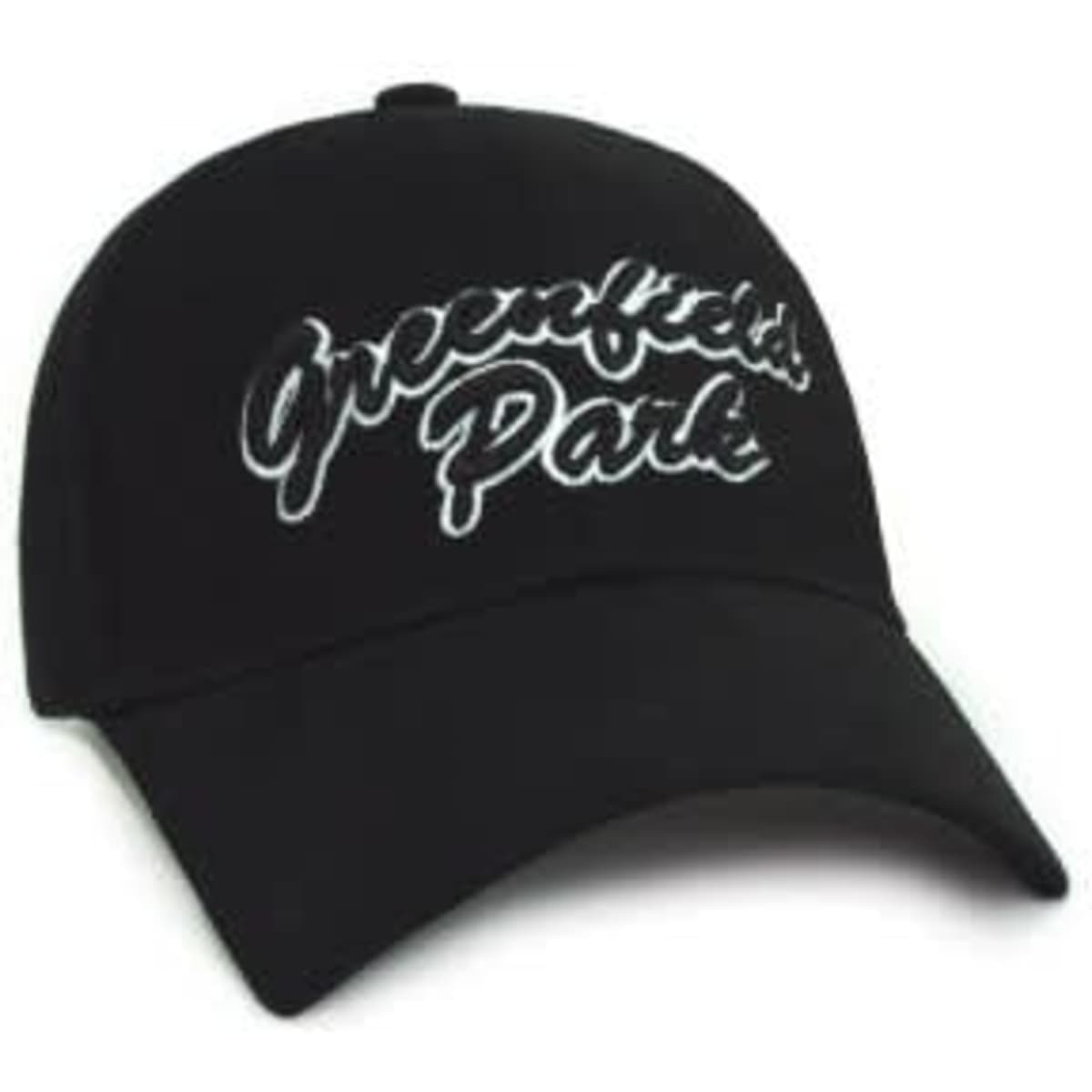 A black peak cap featuring a logo with white text. Suitable for casual wear and outdoor activities.