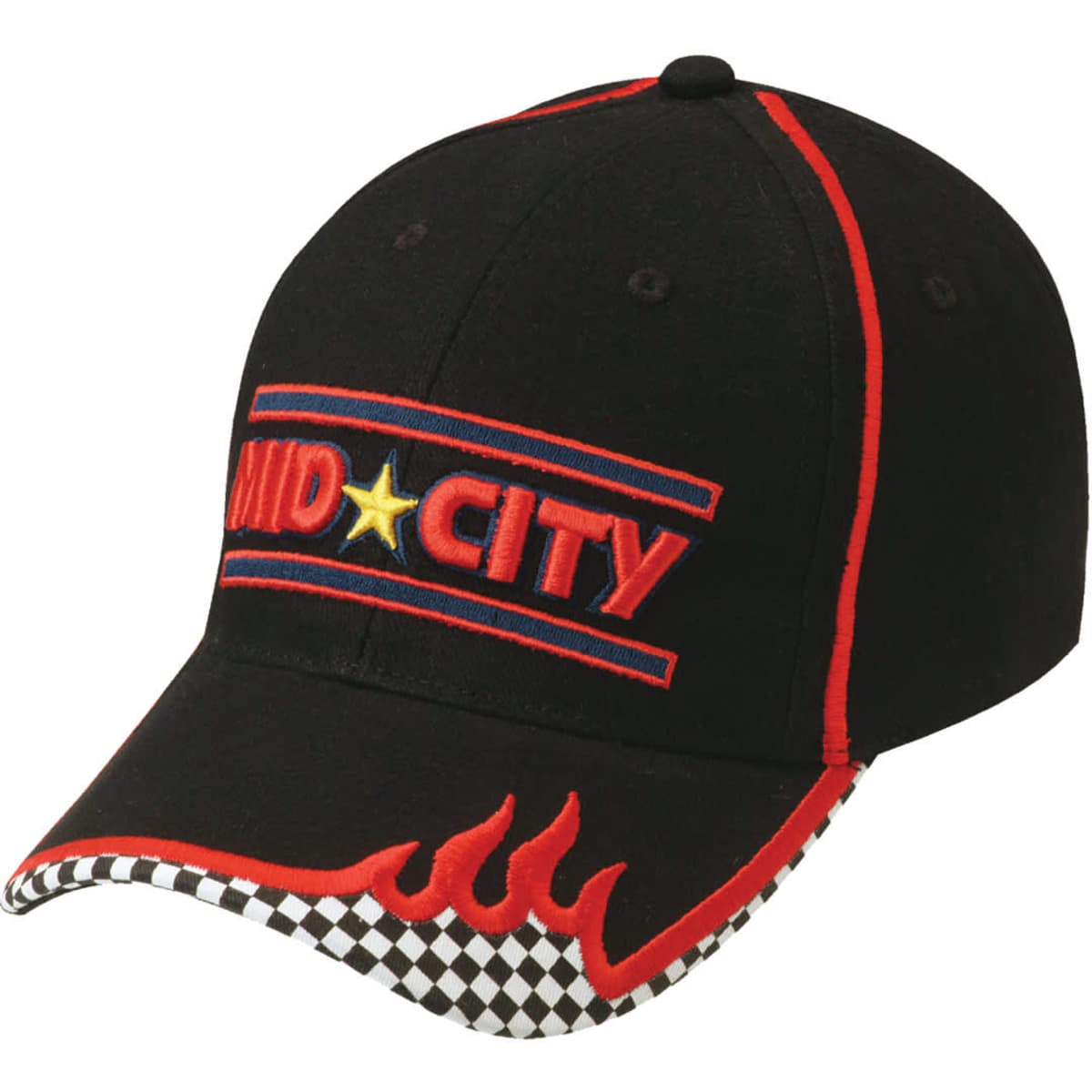 A black cap featuring red accents and a checkered pattern on the brim, with a logo on the front.