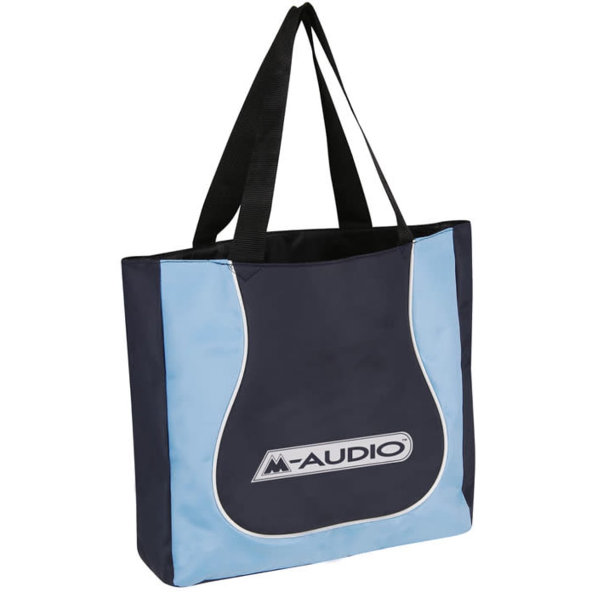 A navy and light blue tote bag with a black handle and a logo on the front.