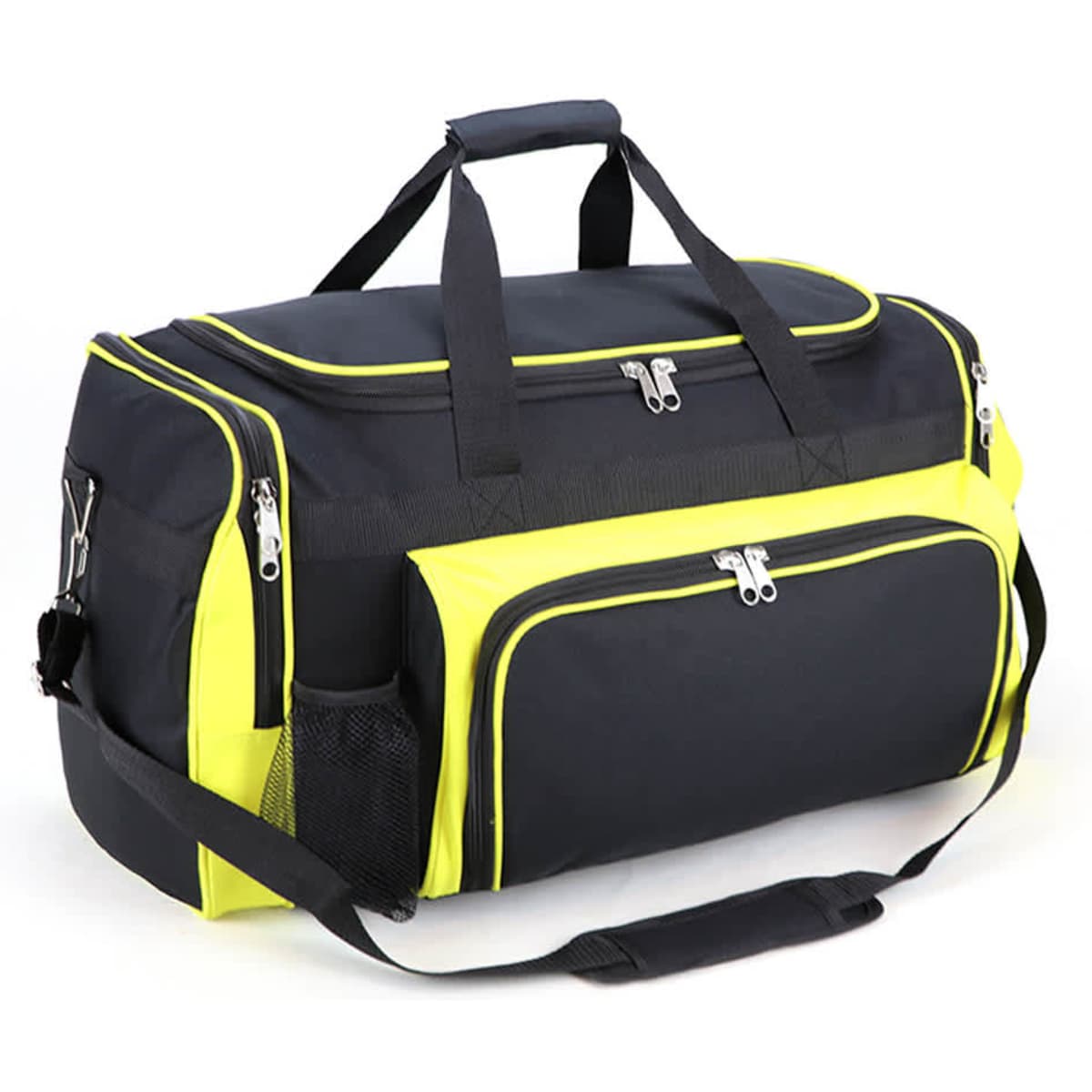 A black and neon yellow duffle bag with zippers and a mesh pocket, featuring handles and a shoulder strap.