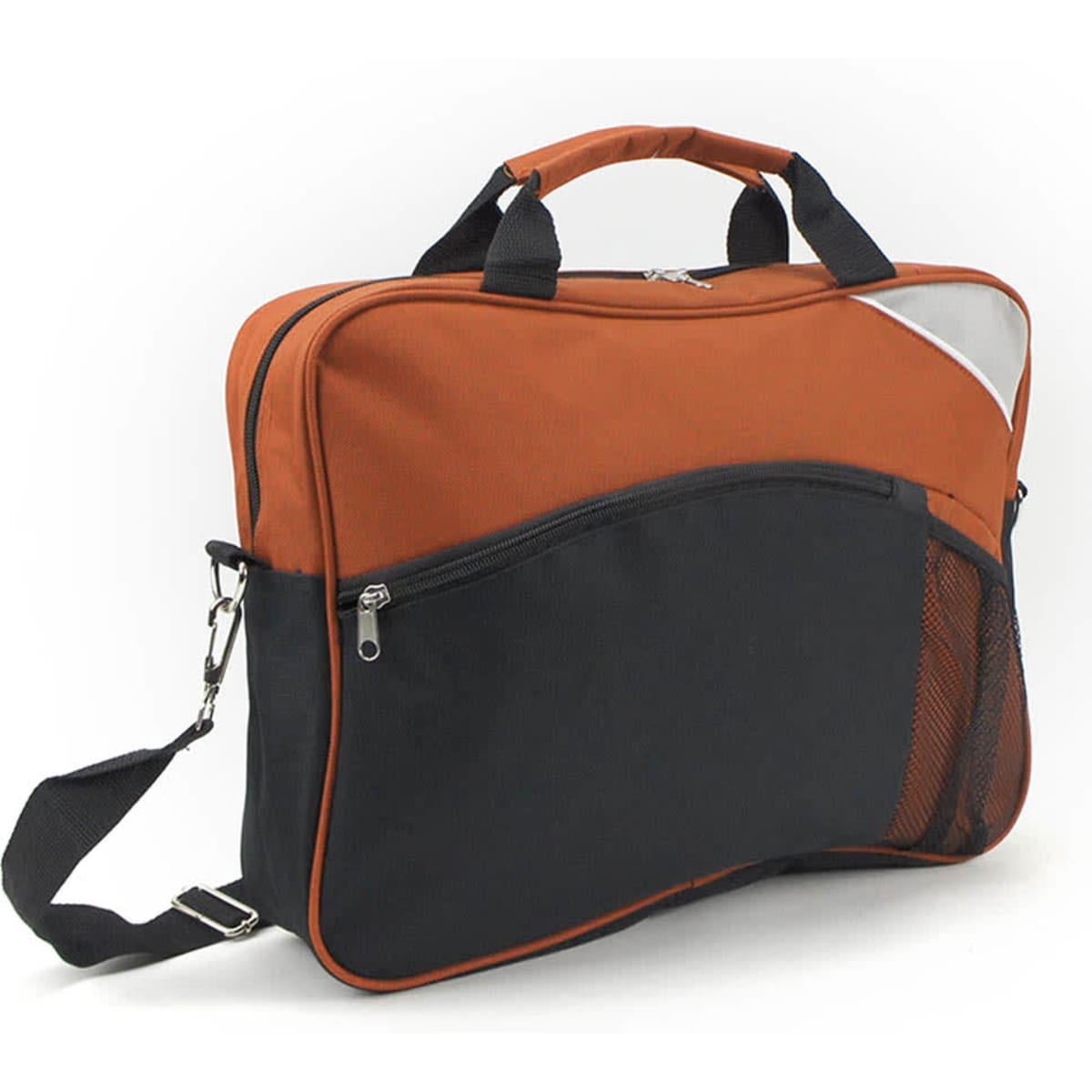 An orange and black conference bag with a zippered main compartment and a mesh pocket on the front, featuring a logo.