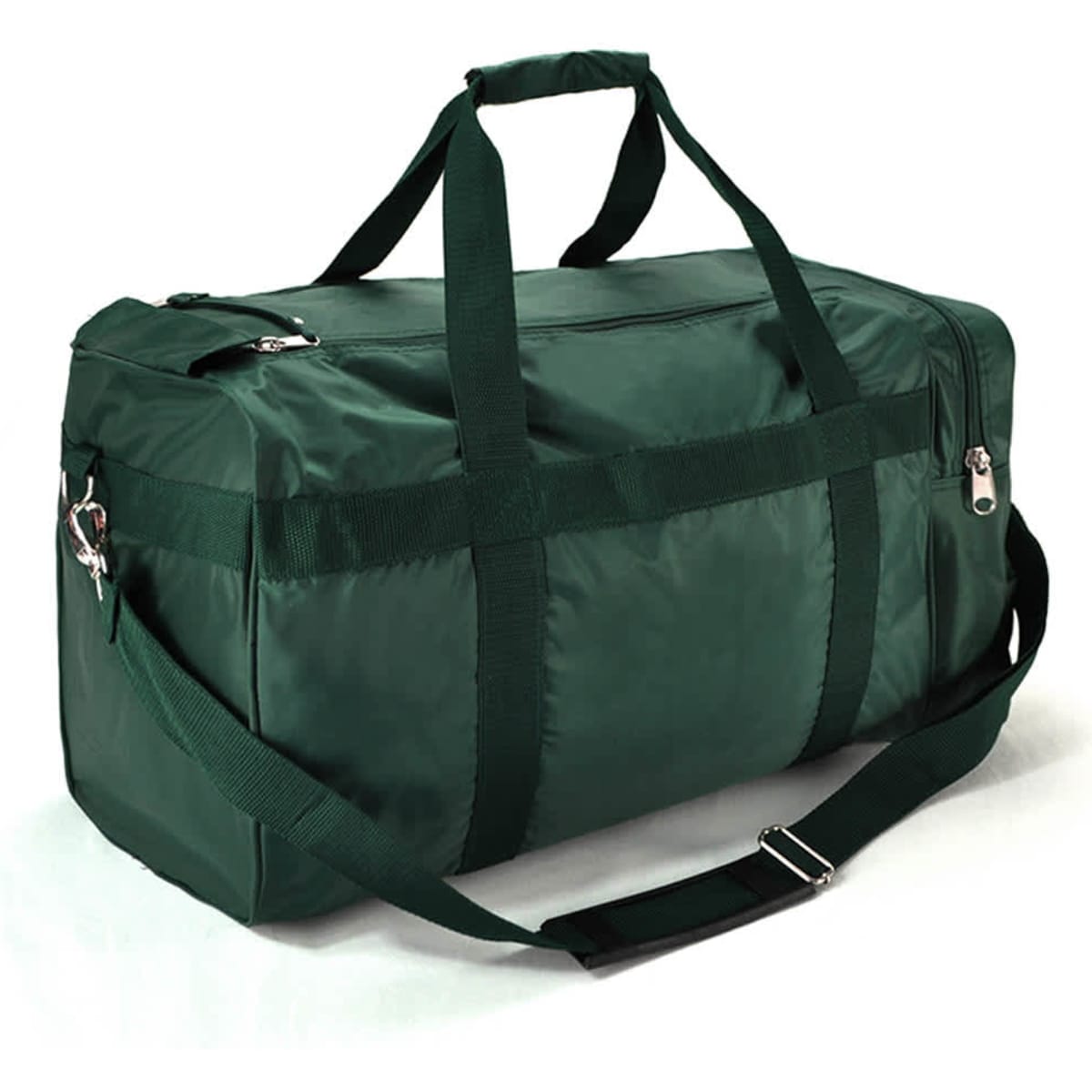 A green duffle bag featuring sturdy handles and a shoulder strap, zippers, and a simple design.
