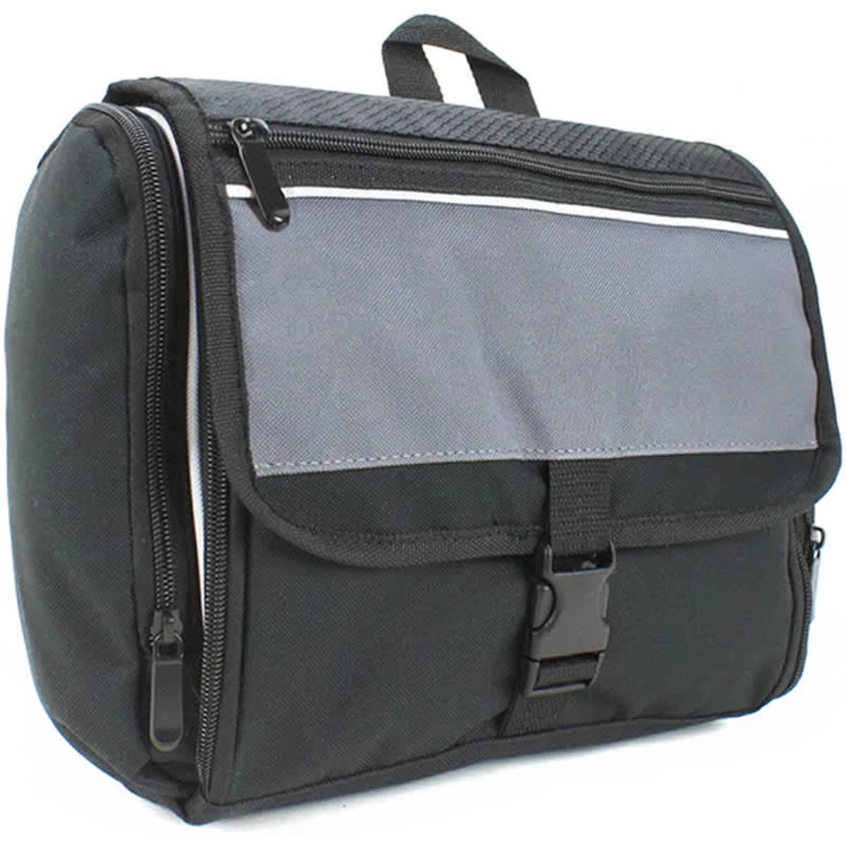 A black and grey toiletry bag with zippers and a flap closure, featuring a handle and an integrated logo.