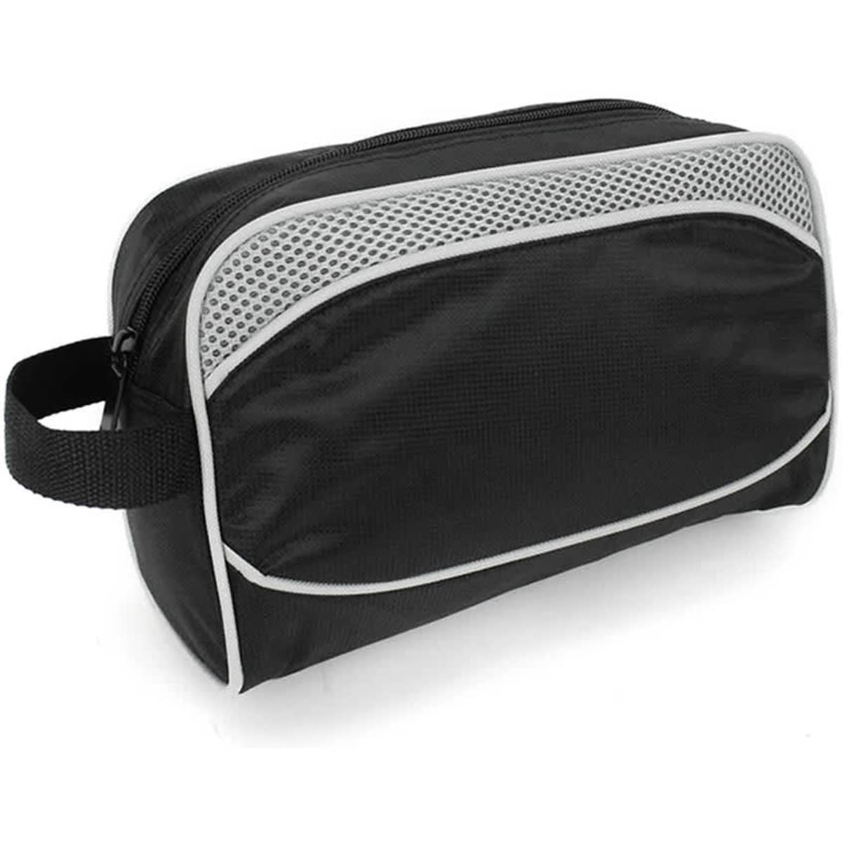A black toiletry bag with a mesh panel and a handle, featuring a zip closure and minimalist design.