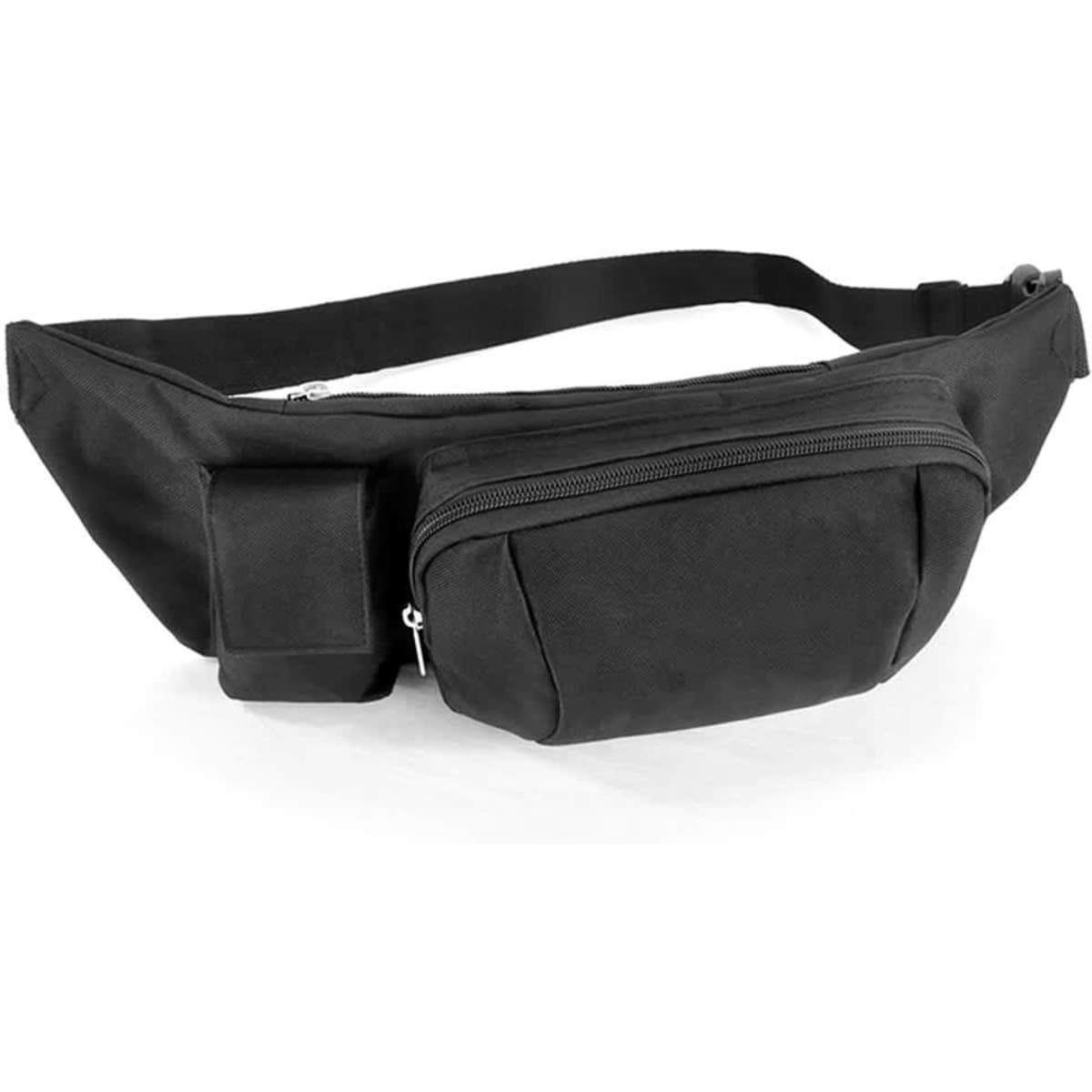 A black waist bag featuring multiple compartments and a logo, with an adjustable strap for a comfortable fit.