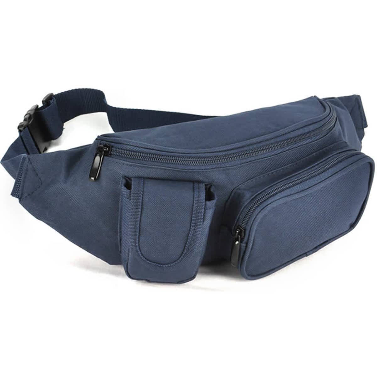A navy waist bag with multiple zippered compartments and side pockets, featuring a logo.