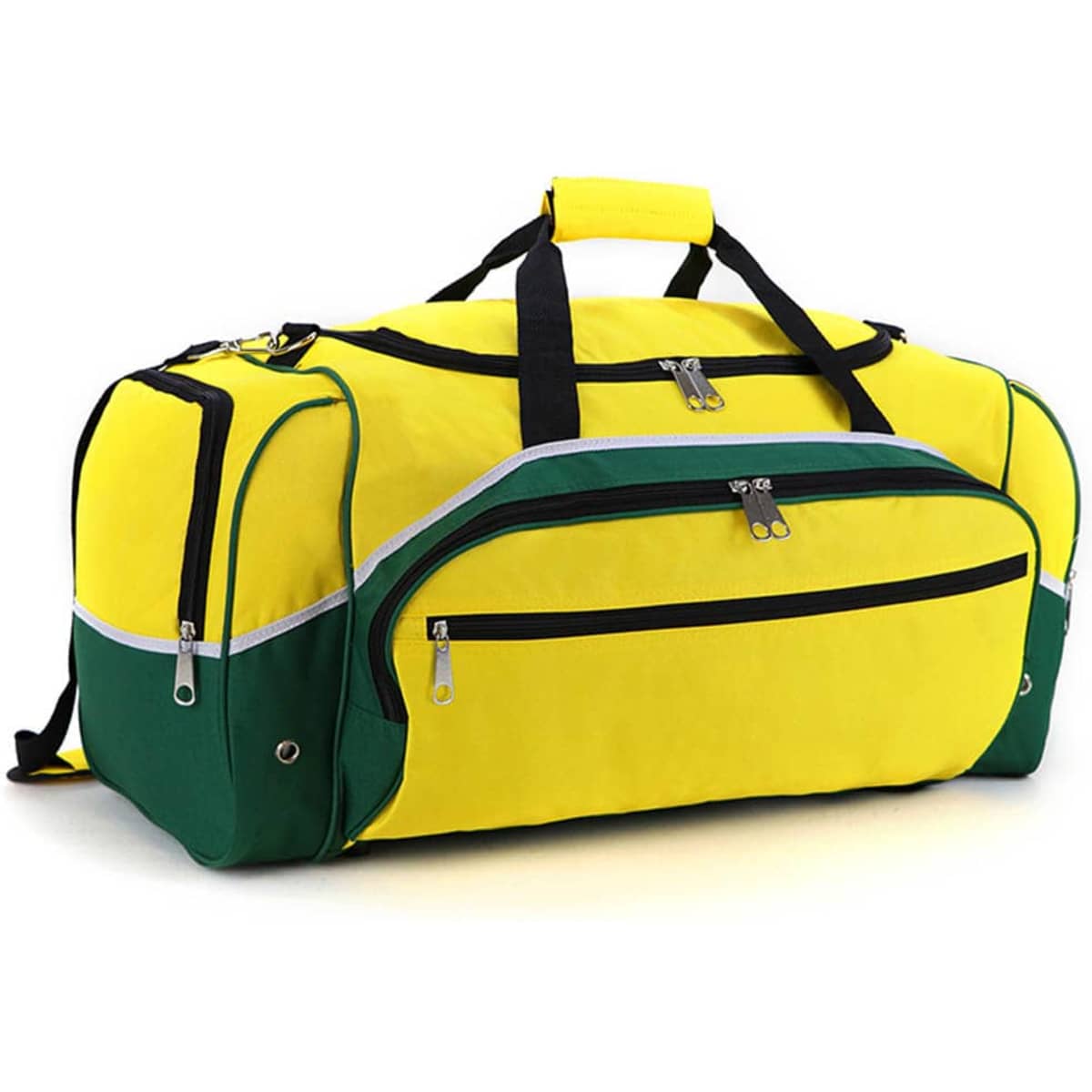 A yellow and green duffle bag with multiple zipped compartments and a carrying handle, featuring a logo.