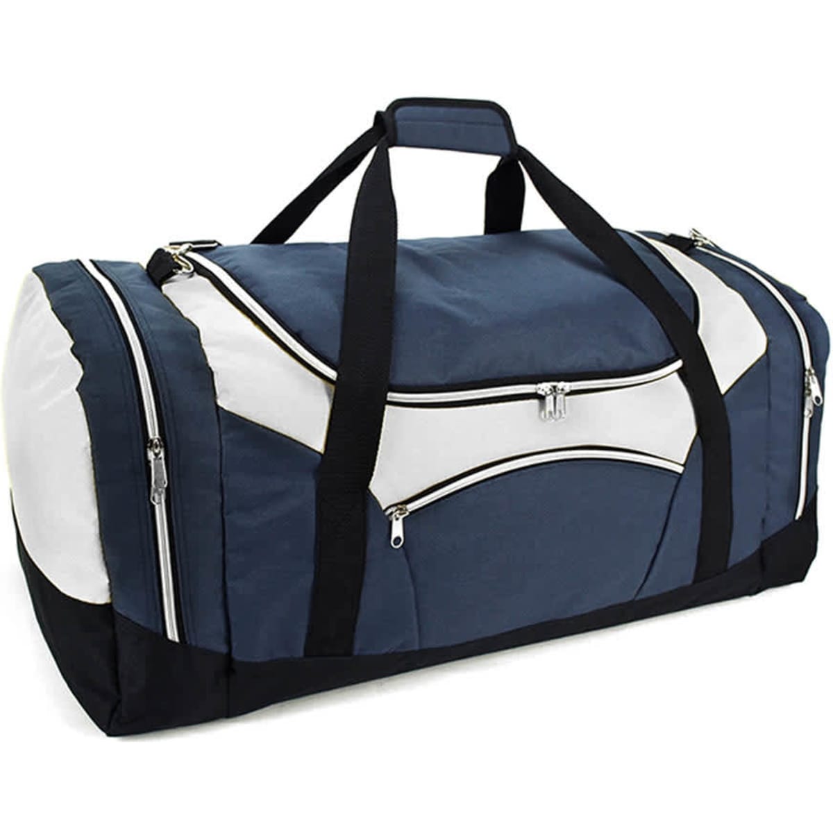 A duffle bag in navy blue and white, featuring multiple zippered pockets and a shoulder strap. It has a logo.