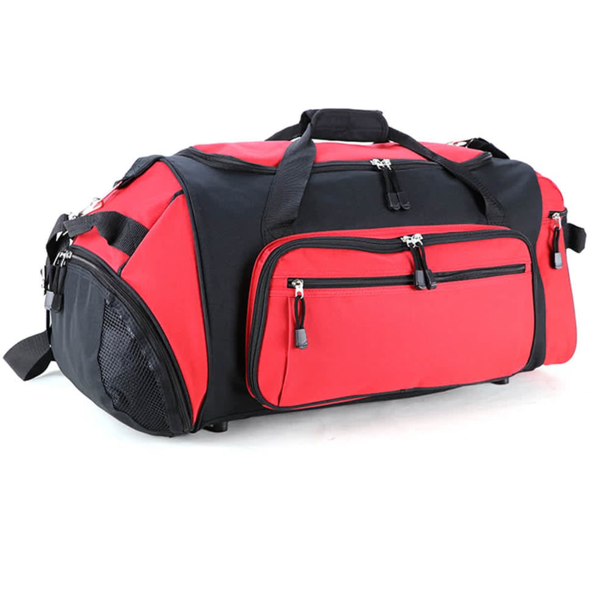 A red and black duffle bag with multiple zippered compartments and a side mesh pocket, featuring a logo.
