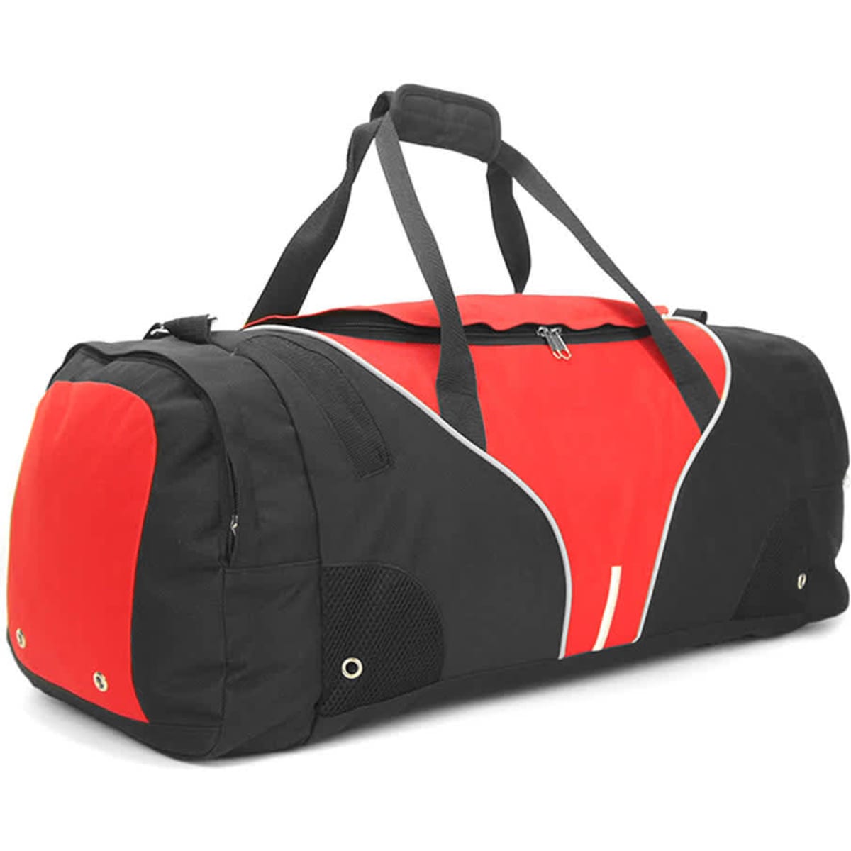A black and red duffle bag with dual handles and a zip closure, featuring mesh side pockets and a logo.