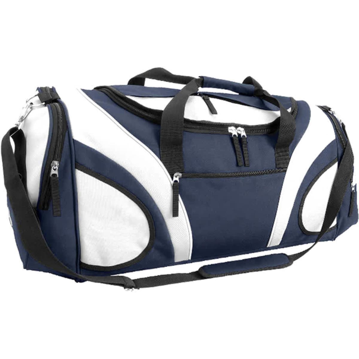 A duffle bag in navy and white with multiple zippered compartments and a shoulder strap. It features a logo.