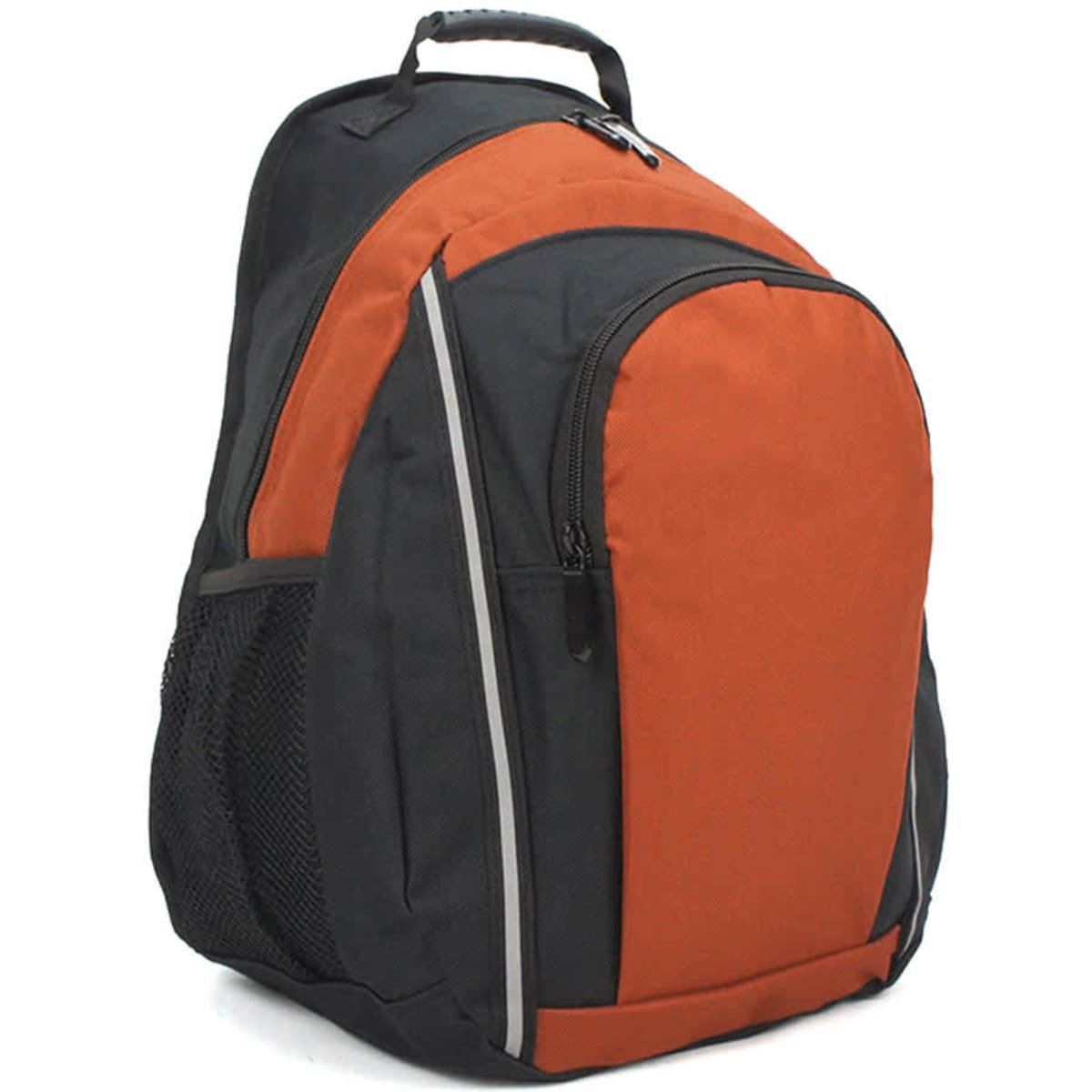 A black and orange backpack featuring a main compartment, a front pocket, and a mesh side pocket.