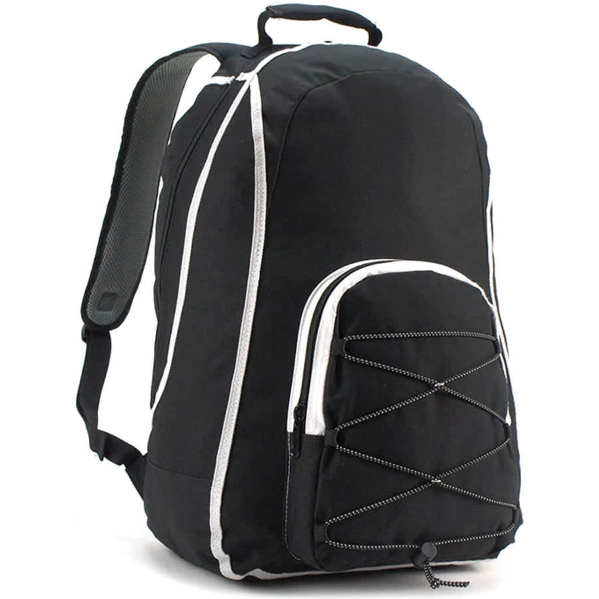A black backpack with white accents and a front cord design. Features adjustable straps and a carry handle.