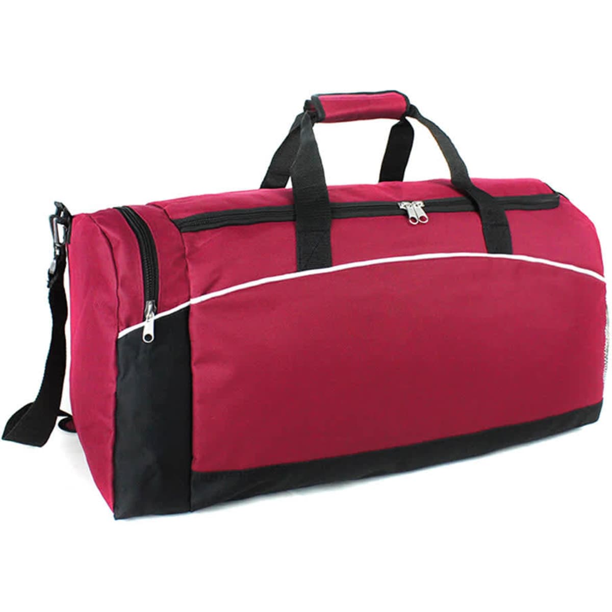 A red and black duffle bag with a shoulder strap and zippered compartments, featuring a logo.