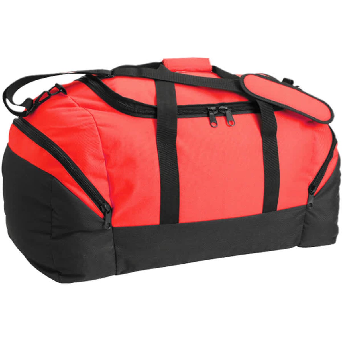 A red and black duffle bag with zippers and a shoulder strap, featuring a branding logo.