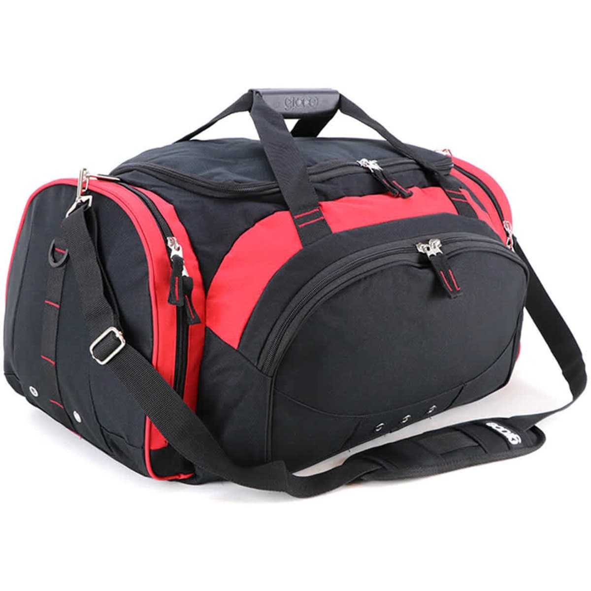 A black and red duffle bag with multiple compartments and a shoulder strap, featuring a logo.