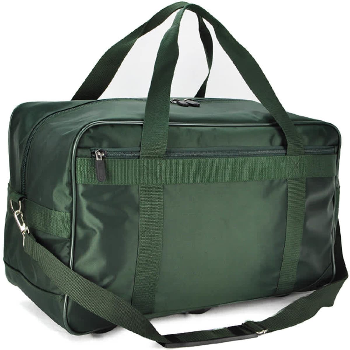 A green duffle bag with dual handles, a shoulder strap, and a zippered closure, featuring a logo.