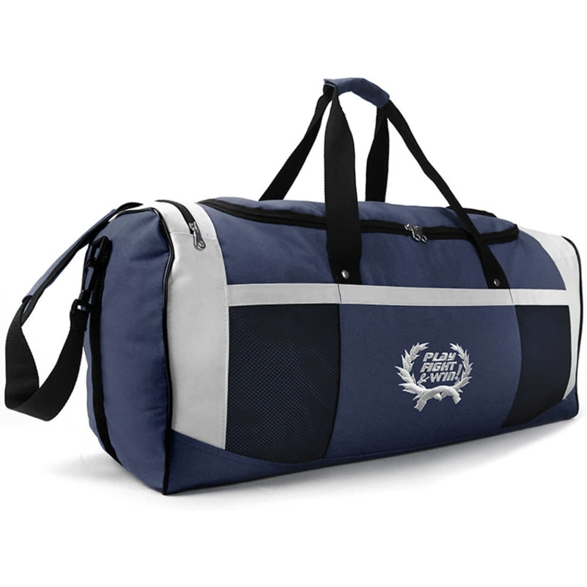 A navy and grey duffle bag with a logo, featuring two carry handles and a shoulder strap.