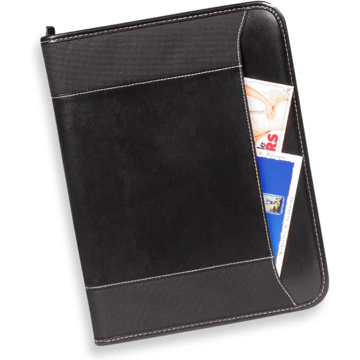 A black compendium featuring a zip closure and a side pocket with visible cards or documents.
