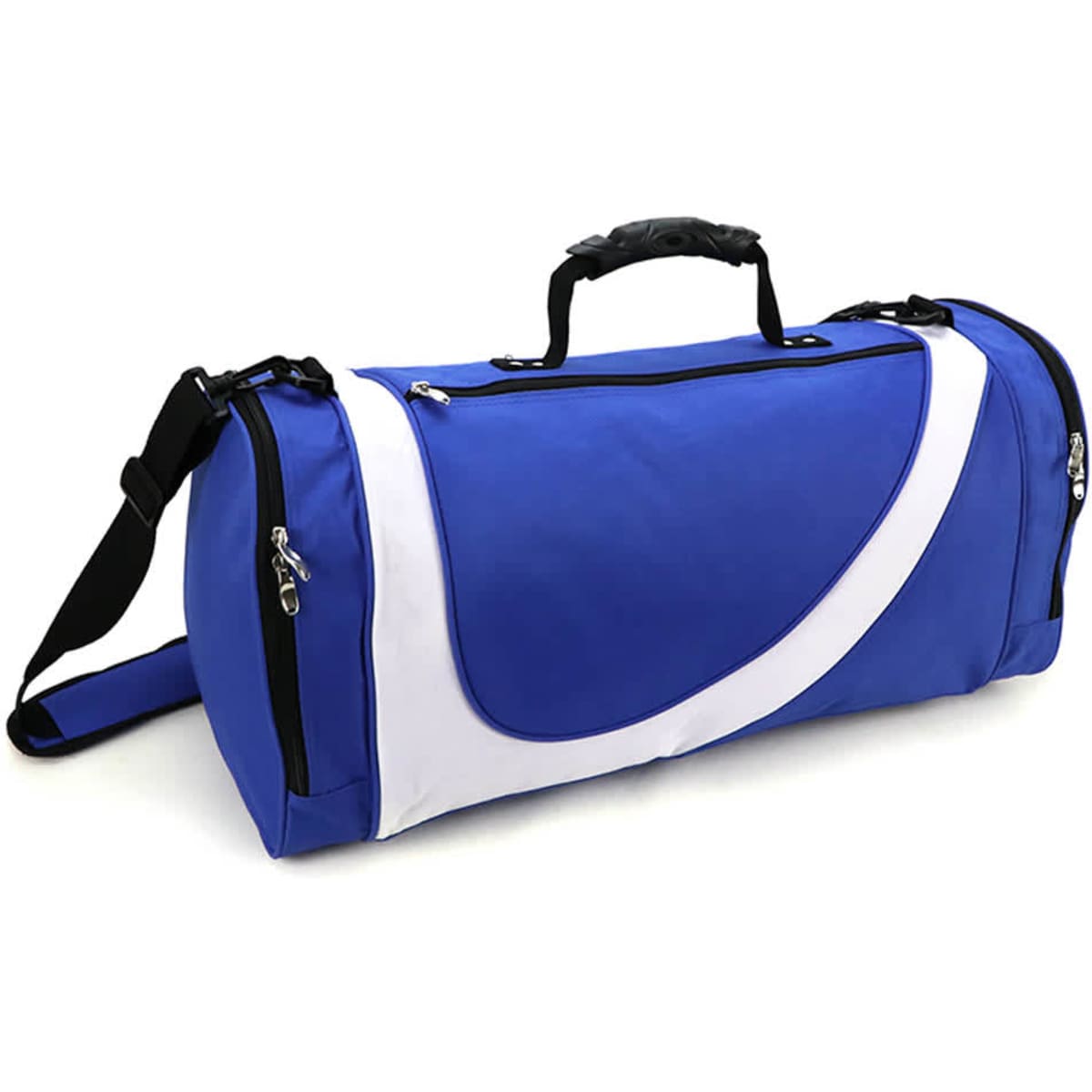 A blue and white duffle bag with a zippered pocket and adjustable shoulder strap. It features a logo.