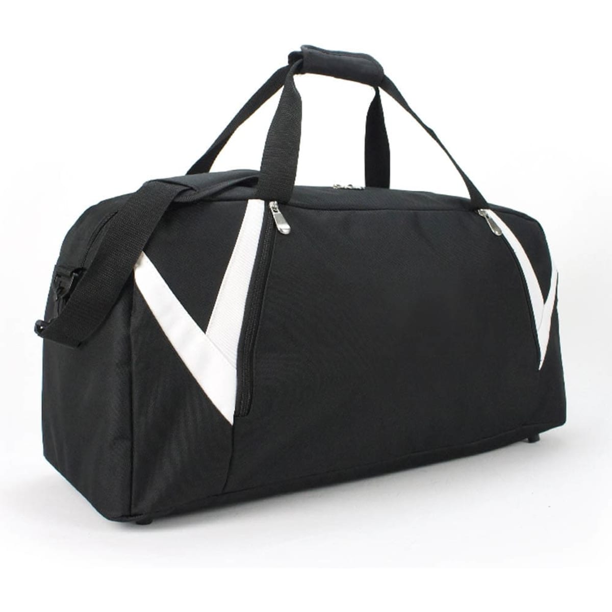 A black duffle bag with white accents and a logo, featuring a zip closure and two carrying handles.