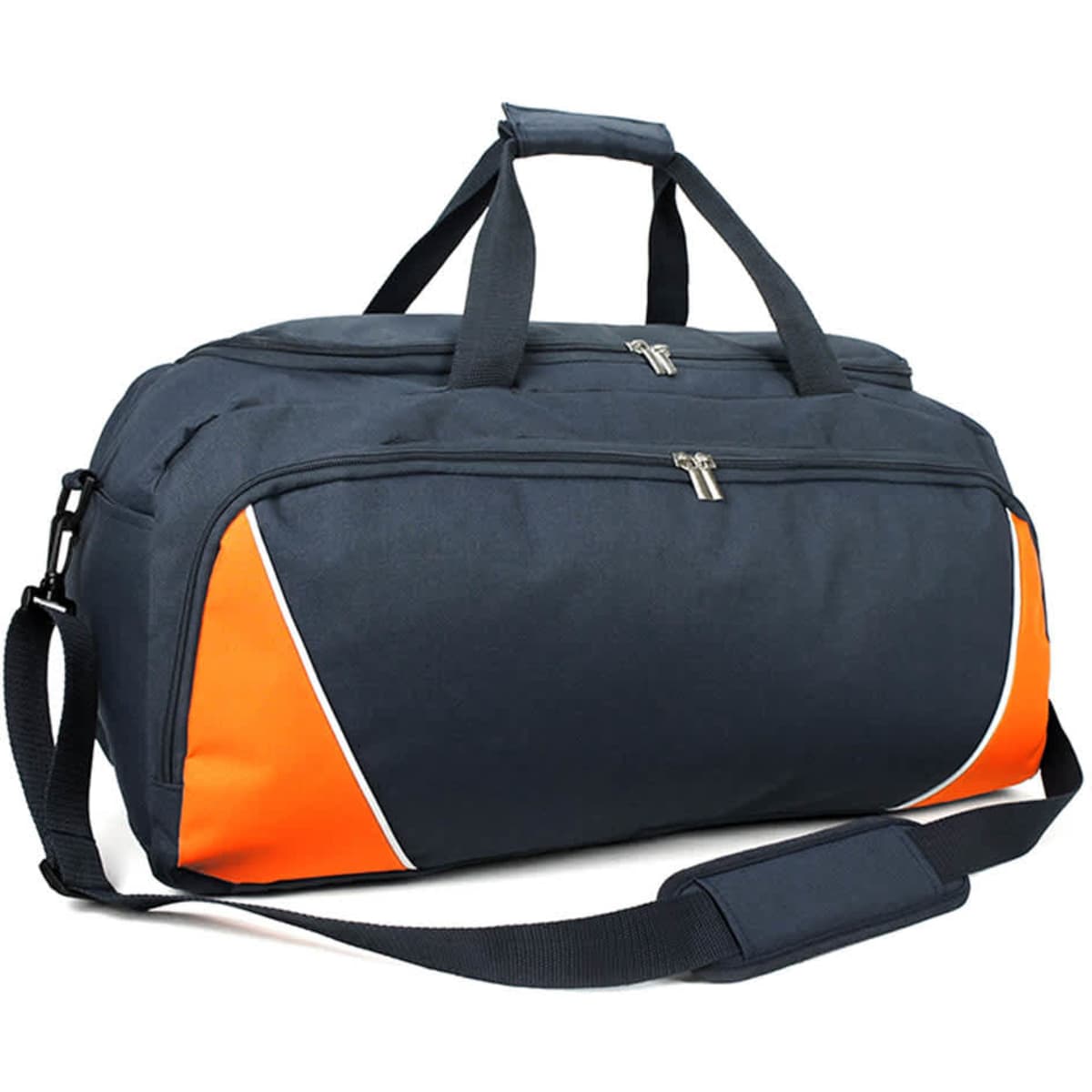 A navy duffle bag with orange accents, featuring two zippered compartments and a detachable shoulder strap.