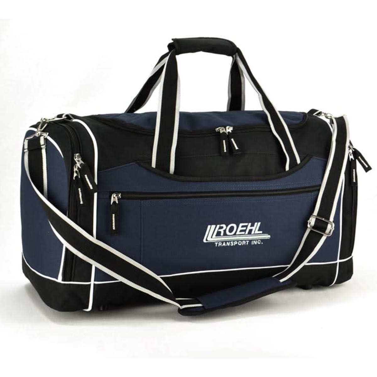 A navy and black duffle bag with multiple zippered compartments and an adjustable shoulder strap, featuring branding.