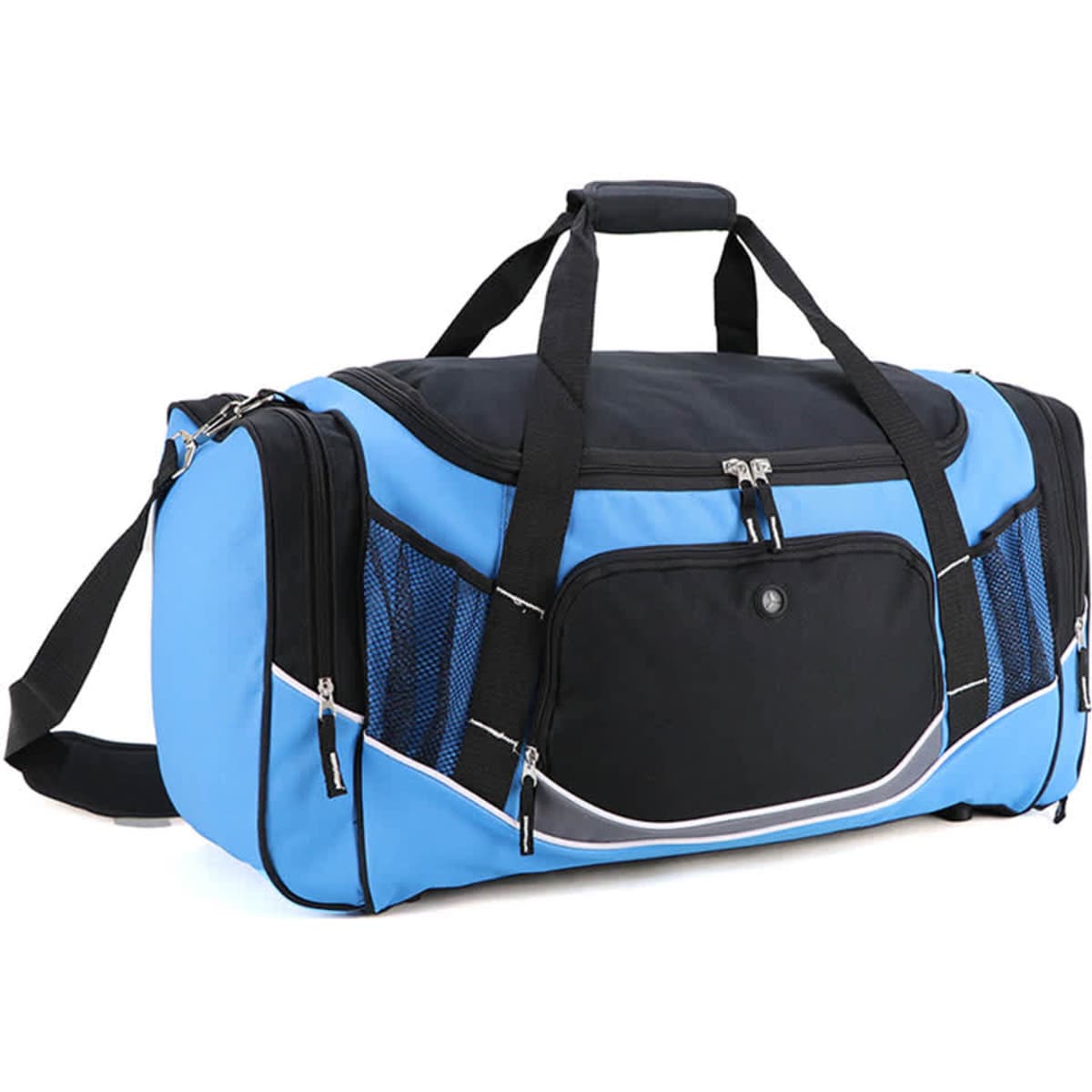 A blue and black duffle bag with zippered compartments and a shoulder strap. It features mesh side pockets and a logo.